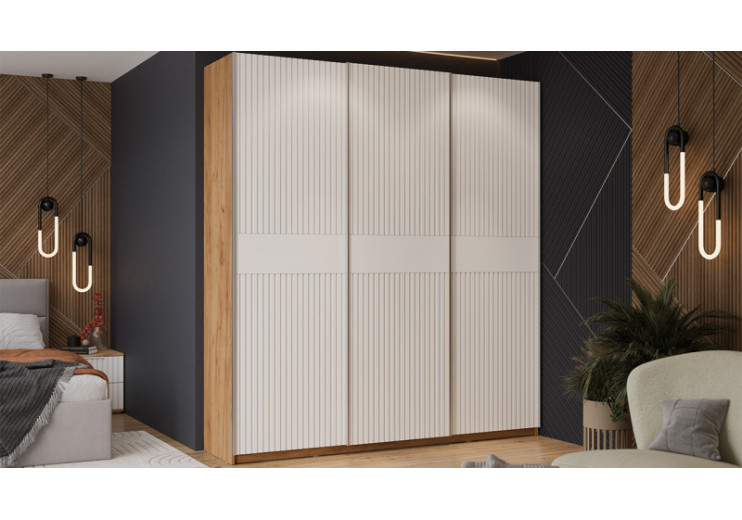 Шкаф-купе с 3 глухими дверями «Оскар Хилтон» Ручка серебро, Дуб Крафт золотой, Белый матовый
