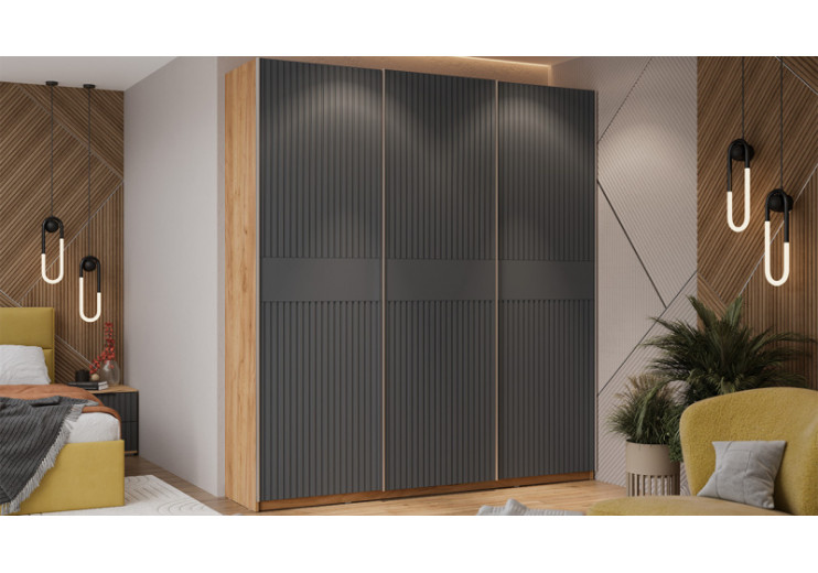 Шкаф-купе с 3 глухими дверями «Оскар Хилтон» Ручка серебро, Дуб Крафт золотой, Графит матовый