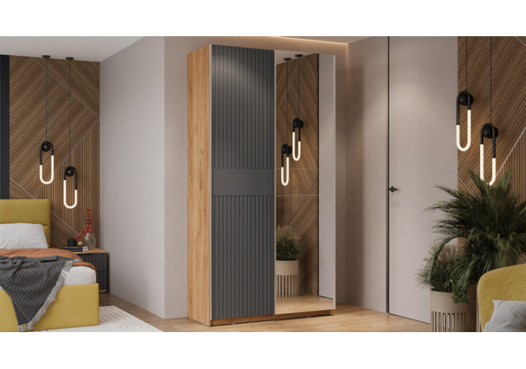 Шкаф-купе с 1 глухой и 1 зеркальной дверями «Оскар Хилтон» Ручка серебро, Дуб Крафт золотой, Графит матовый