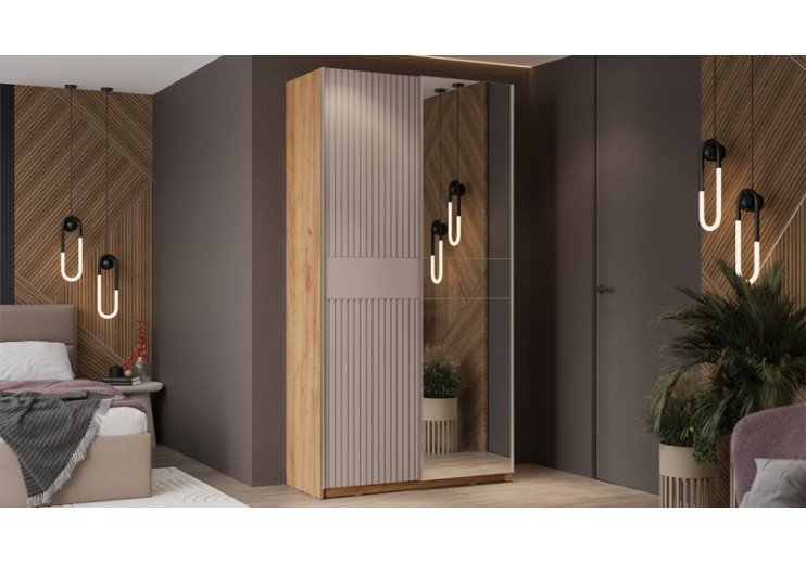 Шкаф-купе с 1 глухой и 1 зеркальной дверями «Оскар Хилтон» Ручка серебро, Дуб Крафт золотой, Кашемир сатин