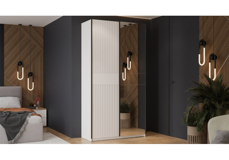 Шкаф-купе с 1 глухой и 1 зеркальной дверями «Оскар Хилтон» Ручка черная, Белый снег, Белый матовый