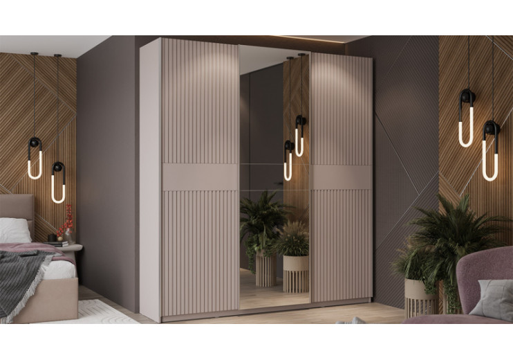 Шкаф-купе с 2 глухими и 1 зеркальной дверями «Оскар Хилтон» Ручка серебро, Кашемир, Кашемир сатин