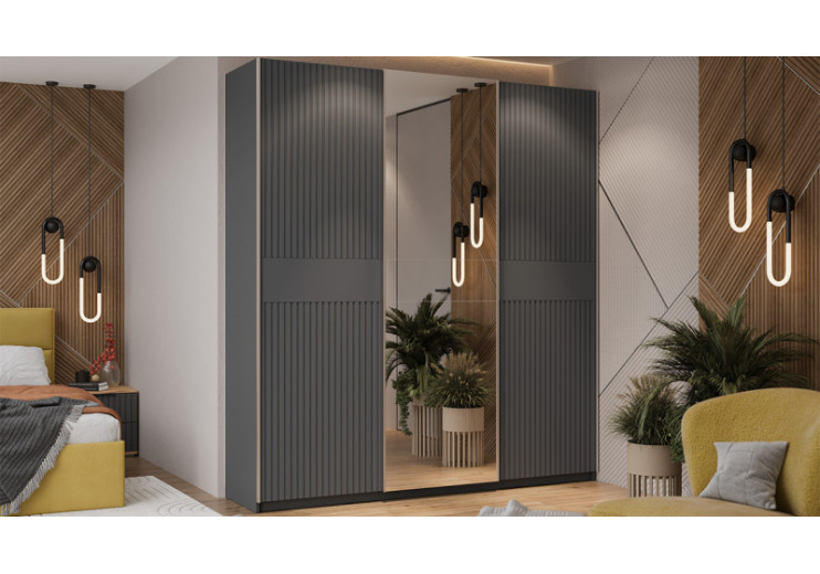 Шкаф-купе с 2 глухими и 1 зеркальной дверями «Оскар Хилтон» Ручка серебро, Серый графит, Графит матовый