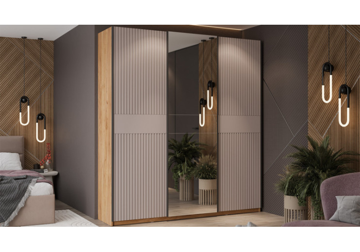 Шкаф-купе с 2 глухими и 1 зеркальной дверями «Оскар Хилтон» Ручка черная, Дуб Крафт золотой, Кашемир, Кашемир сатин