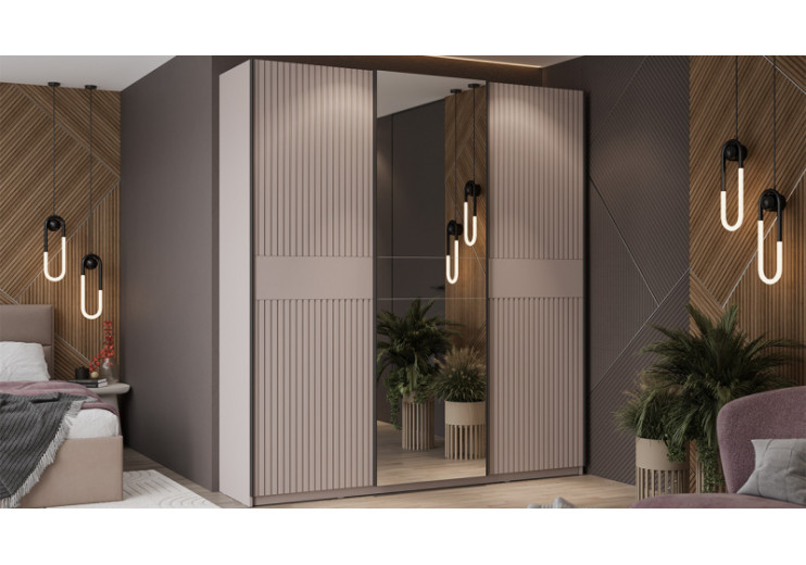 Шкаф-купе с 2 глухими и 1 зеркальной дверями «Оскар Хилтон» Ручка черная, Кашемир, Кашемир сатин