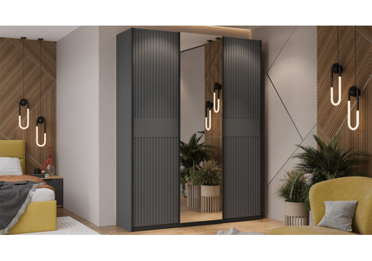 Шкаф-купе с 2 глухими и 1 зеркальной дверями «Оскар Хилтон» Ручка черная, Серый графит, Графит матовый