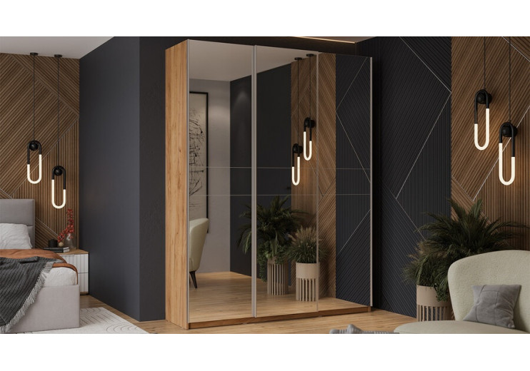 Шкаф-купе с 3 зеркальными дверями «Оскар» Ручка серебро, Дуб Крафт золотой