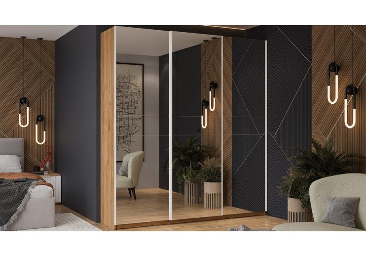 Шкаф-купе с 3 зеркальными дверями «Оскар» Ручка белая, Дуб Крафт золотой