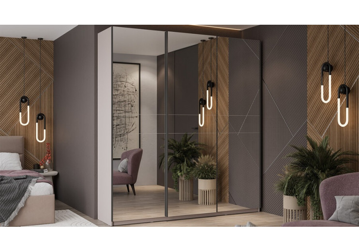 Шкаф-купе с 3 зеркальными дверями «Оскар» Ручка черная, Кашемир
