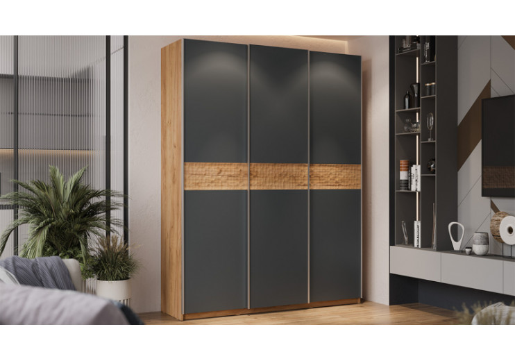Шкаф-купе с 3 глухими дверями «Оскар Скания» Ручка серебро, Дуб Крафт золотой, Серый графит, Дуб тортугга